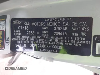 2019 Kia Forte LXS z VIN 3KPF24AD1KE006039, wystawiony jako IAAI lot #42076523 z przebiegiem 70 775 mil mil oraz . Historia ofert i sprzedaży dostępna na DreamBid. Obrazek 9.