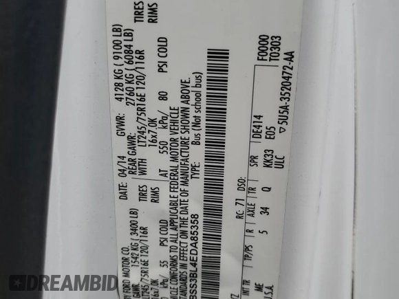 2014 Ford Econoline Passenger XL с VIN 1FBSS3BL4EDA85358, выставлен на аукционе Copart как лот 62875725 с пробегом 156 816 миль миль и Списание • Salvage title. История ставок и продаж доступна на DreamBid. Изображение 13.