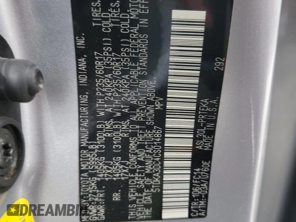 2012 Toyota Sienna with VIN 5TDKA3DC4CS014867, listed as a Copart auction lot 43191655 with 169,517 mi miles and Salvage Title. Bid and sale history available at DreamBid. Image 14.