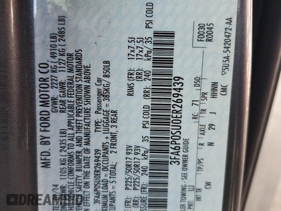 2014 Ford Fusion Titanium with VIN 3FA6P0SU0ER269439, listed as a Copart auction lot 52685265 with 150,992 mi miles and Salvage title. Bid and sale history available at DreamBid. Image 12.