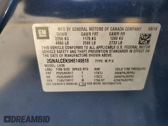 2017 Chevrolet Equinox LT with VIN 2GNALCEK9H6149816, listed as a Copart auction lot 50624095 with 135,564 mi miles and Salvage Title. Bid and sale history available at carsss.com. Image 15.
