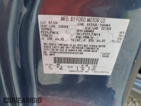 2005 Ford Escape XLS Value with VIN 1FMYU92Z95DA22100, listed as a Copart auction lot 57874705 with 192,057 mi miles and Salvage title. Bid and sale history available at DreamBid. Image 13.