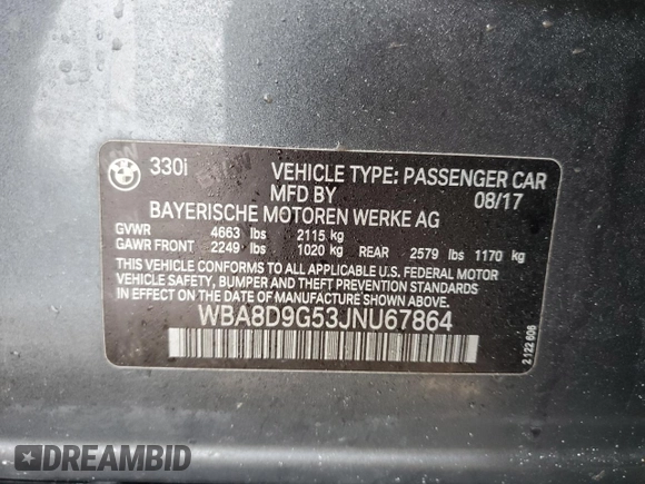 2018 BMW 3 Series 330i xDrive with VIN WBA8D9G53JNU67864, listed as a Copart auction lot 50385345 with 68,048 mi miles and Salvage title. Bid and sale history available at DreamBid. Image 12.