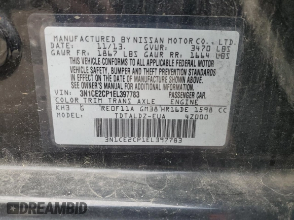 2014 Nissan Note S with VIN 3N1CE2CP1EL397783, listed as a Copart auction lot 55962895 with 108,769 mi miles and Salvage title. Bid and sale history available at DreamBid. Image 12.