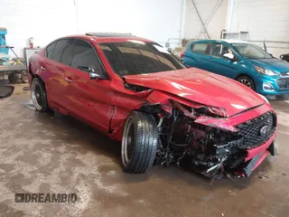 2021 Infiniti Q50 Red Sport 400 with VIN JN1FV7DR6MM881107, listed as a IAAI auction lot 42370115 with 45,999 mi miles and . Bid and sale history available at DreamBid. Image 1.