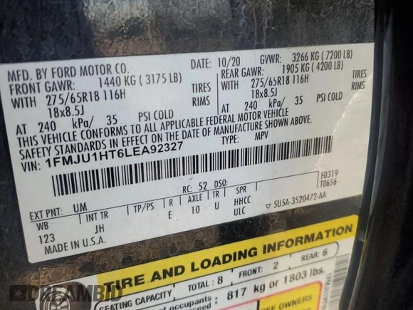 2020 Ford Expedition XLT with VIN 1FMJU1HT6LEA92327, listed as a Copart auction lot 47255385 with 169,539 mi miles and Salvage Title. Bid and sale history available at carsss.com. Image 16.