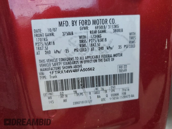 2008 Ford F-150 STX with VIN 1FTRX14W48FA50562, listed as a Copart auction lot 56163265 with 121,496 mi miles and Clean title. Bid and sale history available at DreamBid. Image 12.