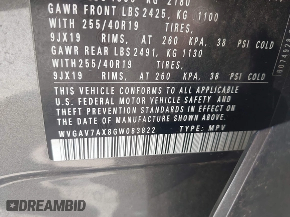 2016 Volkswagen Tiguan SE with VIN WVGAV7AX8GW083822, listed as a IAAI auction lot 42529779 with 65,437 mi miles and . Bid and sale history available at DreamBid. Image 9.