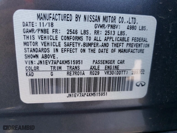 2019 Infiniti Q50 3.0t LUXE with VIN JN1EV7AP4KM515951, listed as a Copart auction lot 67178114 with 96,445 mi miles and Salvage Title. Bid and sale history available at carsss.com. Image 12.