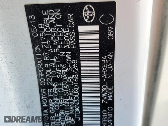 2013 Toyota Prius One with VIN JTDKN3DUXD1687268, listed as a Copart auction lot 60276205 with 106,051 mi miles and Salvage title. Bid and sale history available at DreamBid. Image 12.