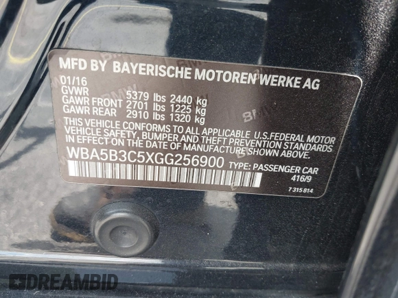 2016 BMW 5 Series 535i xDrive with VIN WBA5B3C5XGG256900, listed as a IAAI auction lot 42333358 with 128,904 mi miles and . Bid and sale history available at DreamBid. Image 9.