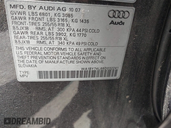 2008 Audi Q7 Premium z VIN WA1BY74L88D032241, wystawiony jako IAAI lot #42594263 z przebiegiem 187 924 mil mil oraz . Historia ofert i sprzedaży dostępna na DreamBid. Obrazek 9.