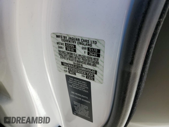 2010 Jaguar XF with VIN SAJWA0JC3AMR49540, listed as a Copart auction lot 87475704 with 137,274 mi miles and Salvage Title. Bid and sale history available at DreamBid. Image 12.