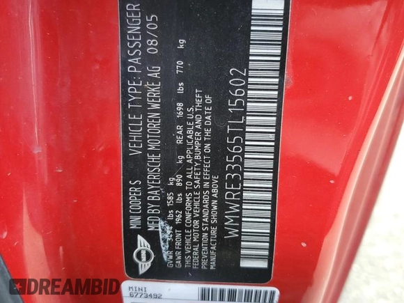 2005 MINI Hardtop S z VIN WMWRE33565TL15602, wystawiony jako Copart lot #58003515 z przebiegiem 134 495 mil mil oraz Szkoda całkowita • Salvage title. Historia ofert i sprzedaży dostępna na DreamBid. Obrazek 12.