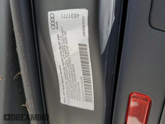 2022 Audi RS 5 Sportback z VIN WUAAWCF57NA901250, wystawiony jako Copart lot #77305584 z przebiegiem Nie podano mil oraz Nie do naprawy. Historia ofert i sprzedaży dostępna na DreamBid. Obrazek 13.