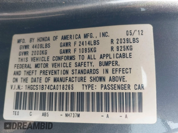 2012 Honda Accord EX with VIN 1HGCS1B74CA018265, listed as a IAAI auction lot 42491761 with 289,259 mi miles and . Bid and sale history available at DreamBid. Image 9.