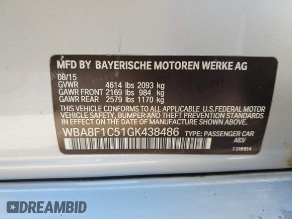 2016 BMW 3 Series with VIN WBA8F1C51GK438486, listed as a IAAI auction lot 41324078 with 80,321 mi miles and . Bid and sale history available at DreamBid. Image 9.