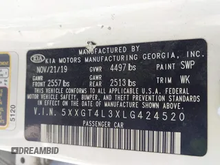 2020 Kia Optima LX with VIN 5XXGT4L3XLG424520, listed as a IAAI auction lot 41663821 with 85,960 mi miles. Bid and sale history available at carsss.com. Image 9.
