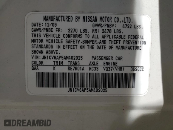 2010 Infiniti G37 Sedan Journey with VIN JN1CV6AP5AM402025, listed as a Copart auction lot 48715355 with 190,269 mi miles and Salvage Title. Bid and sale history available at carsss.com. Image 12.
