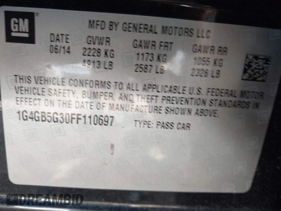2015 Buick LaCrosse Leather with VIN 1G4GB5G30FF110697, listed as a IAAI auction lot 41331963 with 125,845 mi miles. Bid and sale history available at carsss.com. Image 9.