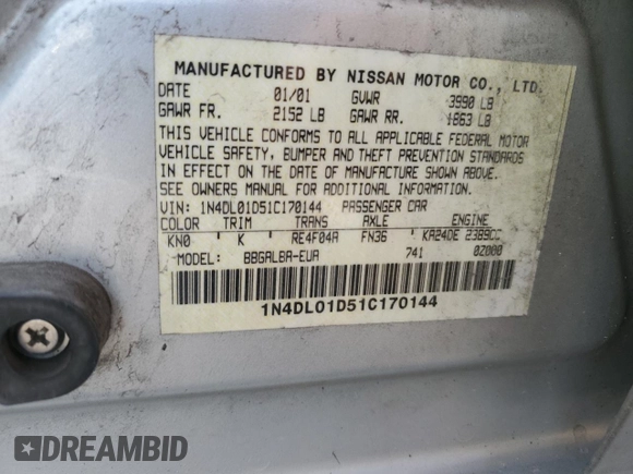 2001 Nissan Altima GXE with VIN 1N4DL01D51C170144, listed as a Copart auction lot 71024044 with 0 mi miles and Clean Title. Bid and sale history available at carsss.com. Image 14.