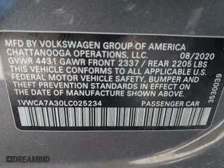 2020 Volkswagen Passat 2.0T SEL with VIN 1VWCA7A30LC025234, listed as a IAAI auction lot 41699506 with 49,117 mi miles. Bid and sale history available at carsss.com. Image 9.