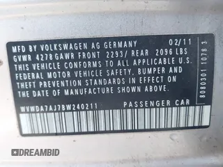 2011 Volkswagen Golf z VIN WVWDA7AJ7BW240211, wystawiony jako IAAI lot #41807381 z przebiegiem 220 246 mil mil oraz . Historia ofert i sprzedaży dostępna na DreamBid. Obrazek 9.