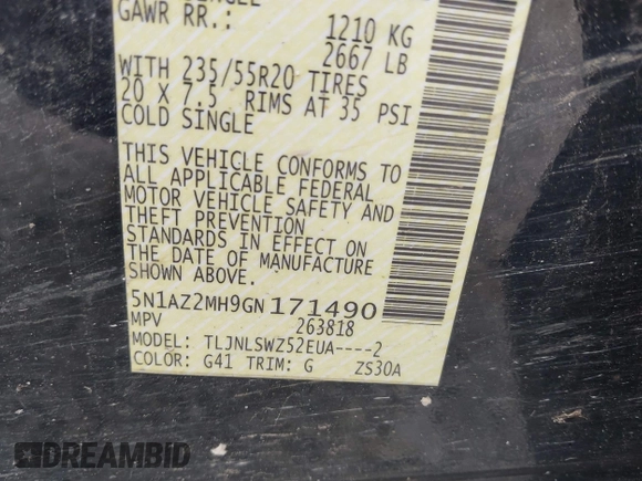 2016 Nissan Murano S z VIN 5N1AZ2MH9GN171490, wystawiony jako IAAI lot #42155605 z przebiegiem 234 183 mil mil oraz . Historia ofert i sprzedaży dostępna na DreamBid. Obrazek 9.