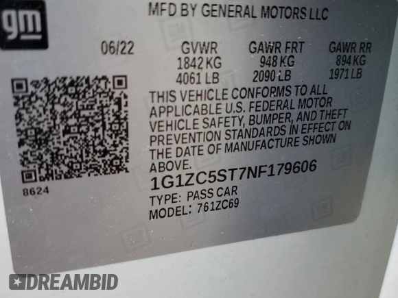 2022 Chevrolet Malibu LS with VIN 1G1ZC5ST7NF179606, listed as a Copart auction lot 50125755 with 68,781 mi miles and Clean Title. Bid and sale history available at DreamBid. Image 12.