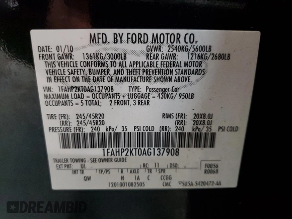 2010 Ford Taurus SHO with VIN 1FAHP2KT0AG137908, listed as a Copart auction lot 53032905 with 214,574 mi miles and Clean title. Bid and sale history available at DreamBid. Image 12.