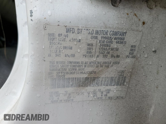 2001 Ford F-350 XL with VIN 3FTSW30F51MA57578, listed as a Copart auction lot 80559194 with 153,985 mi miles and Salvage Title. Bid and sale history available at DreamBid. Image 13.