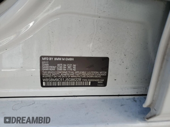 2018 BMW M3 z VIN WBS8M9C51J5G86228, wystawiony jako Copart lot #43836665 z przebiegiem Nie podano mil oraz Szkoda całkowita • Salvage title. Historia ofert i sprzedaży dostępna na DreamBid. Obrazek 12.