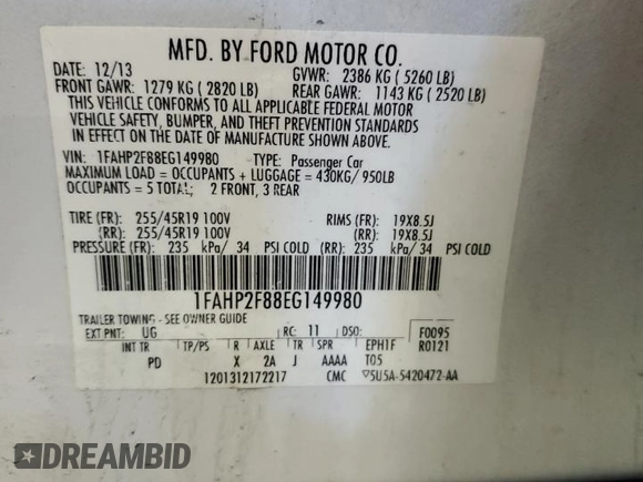 2014 Ford Taurus Limited with VIN 1FAHP2F88EG149980, listed as a Copart auction lot 62723655 with 126,521 mi miles and Clean title. Bid and sale history available at DreamBid. Image 12.