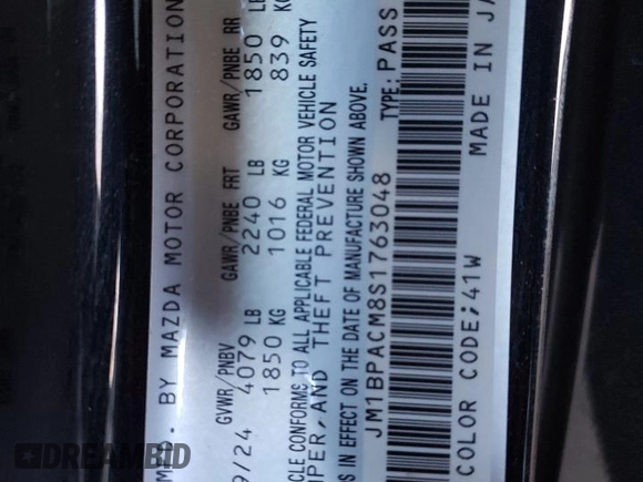 2025 Mazda 3 S Preferred with VIN JM1BPACM8S1763048, listed as a Copart auction lot 49220495 with 4,851 mi miles and Clean Title. Bid and sale history available at DreamBid. Image 13.