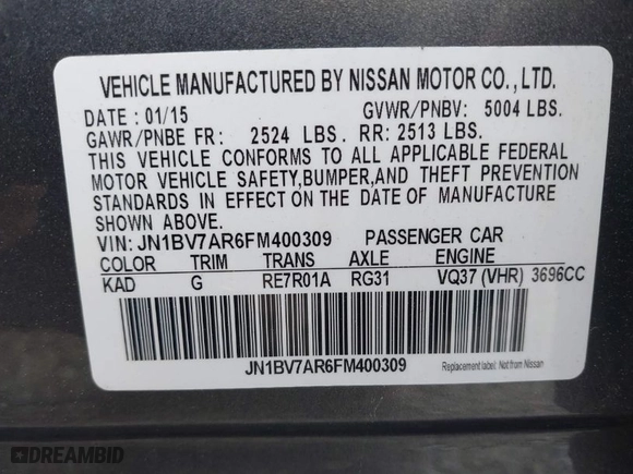 2015 Infiniti Q50 Premium with VIN JN1BV7AR6FM400309, listed as a IAAI auction lot 41963090 with 185,751 mi miles. Bid and sale history available at carsss.com. Image 9.