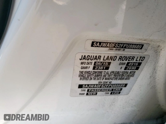 2015 Jaguar XF T Premium with VIN SAJWA0FS2FPU88689, listed as a Copart auction lot 57230325 with Not Provided miles and Clean Title. Bid and sale history available at DreamBid. Image 12.
