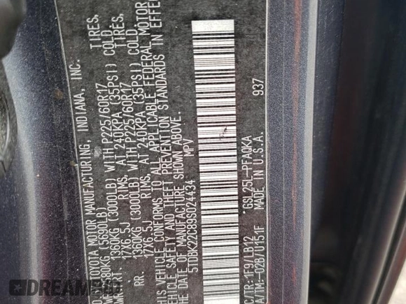 2009 Toyota Sienna XLE with VIN 5TDBK22C89S024434, listed as a Copart auction lot 51063255 with 205,527 mi miles and Clean Title. Bid and sale history available at DreamBid. Image 14.