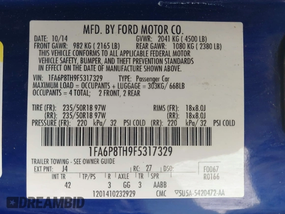 2015 Ford Mustang EcoBoost with VIN 1FA6P8TH9F5317329, listed as a IAAI auction lot 41966041 with 61,357 mi miles and . Bid and sale history available at carsss.com. Image 9.