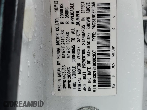 2013 Acura TSX Special Edition with VIN JH4CU2F81DC002837, listed as a Copart auction lot 49134105 with 101,078 mi miles and Salvage title. Bid and sale history available at DreamBid. Image 13.