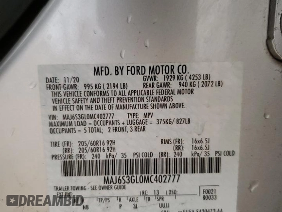 2021 Ford EcoSport SE with VIN MAJ6S3GL0MC402777, listed as a Copart auction lot 58030075 with 33,496 mi miles and Salvage title. Bid and sale history available at DreamBid. Image 14.