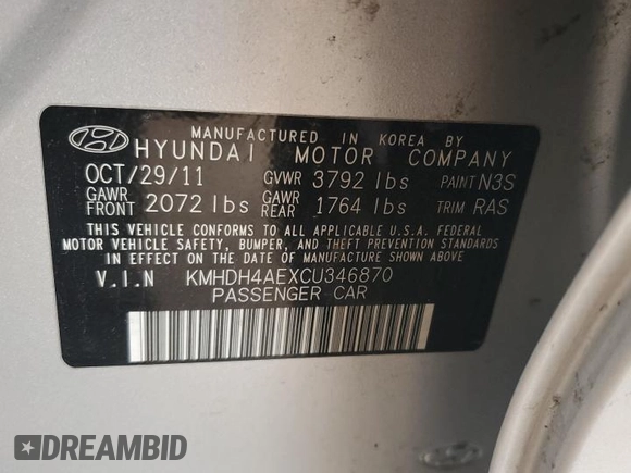 2012 Hyundai Elantra Limited with VIN KMHDH4AEXCU346870, listed as a Copart auction lot 48953445 with 91,334 mi miles and Salvage Title. Bid and sale history available at carsss.com. Image 12.