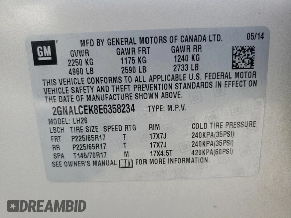 2014 Chevrolet Equinox LT with VIN 2GNALCEK8E6358234, listed as a Copart auction lot 49142215 with 0 mi miles and Salvage Title. Bid and sale history available at carsss.com. Image 13.