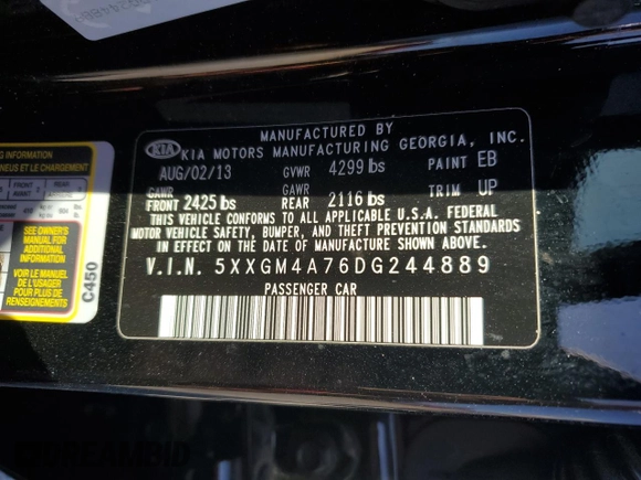 2013 Kia Optima LX with VIN 5XXGM4A76DG244889, listed as a Copart auction lot 45014625 with 53,919 mi miles and Salvage Title. Bid and sale history available at carsss.com. Image 13.