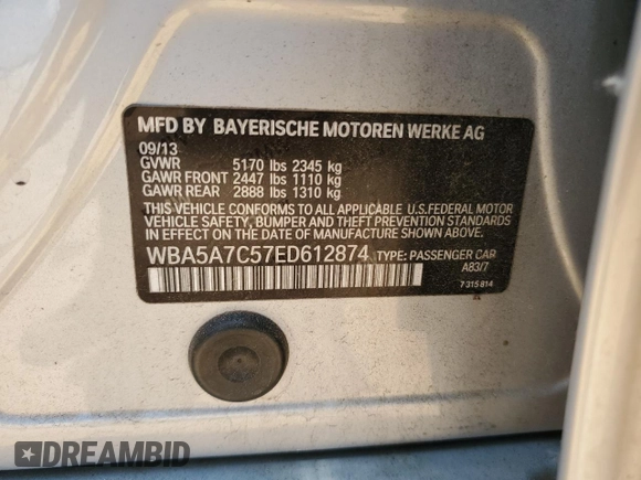 2014 BMW 5 Series 528i xDrive с VIN WBA5A7C57ED612874, выставлен на аукционе Copart как лот 54783675 с пробегом 101 142 миль миль и Списание • Salvage title. История ставок и продаж доступна на DreamBid. Изображение 12.