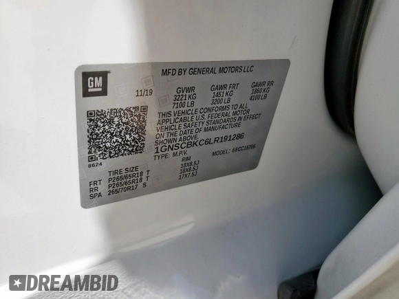 2020 Chevrolet Tahoe LT with VIN 1GNSCBKC6LR191286, listed as a Copart auction lot 61554275 with 71,751 mi miles and Salvage title. Bid and sale history available at DreamBid. Image 12.