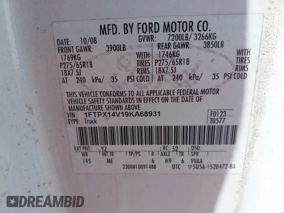 2009 Ford F-150 XL with VIN 1FTPX14V19KA68931, listed as a IAAI auction lot 42099582 with Not Provided miles. Bid and sale history available at carsss.com. Image 9.