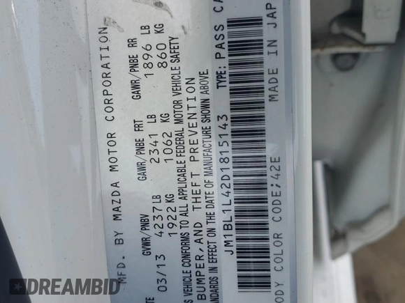 2013 Mazda 3 Mazdaspeed3 Touring with VIN JM1BL1L42D1815143, listed as a Copart auction lot 53360445 with 79,068 mi miles and Salvage title. Bid and sale history available at DreamBid. Image 13.