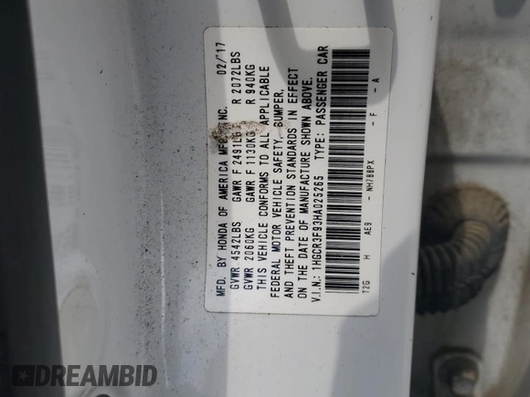 2017 Honda Accord Touring with VIN 1HGCR3F93HA025265, listed as a Copart auction lot 56406375 with 156,273 mi miles and Salvage title. Bid and sale history available at DreamBid. Image 12.