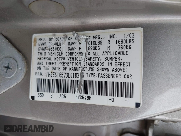 2003 Honda Civic LX z VIN 1HGES16573L018315, wystawiony jako IAAI lot #42176397 z przebiegiem 148 997 mil mil oraz . Historia ofert i sprzedaży dostępna na DreamBid. Obrazek 9.