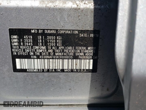 2019 Subaru Legacy Premium with VIN 4S3BNAF65K3008835, listed as a Copart auction lot 56470955 with 47,988 mi miles and Salvage title. Bid and sale history available at DreamBid. Image 12.